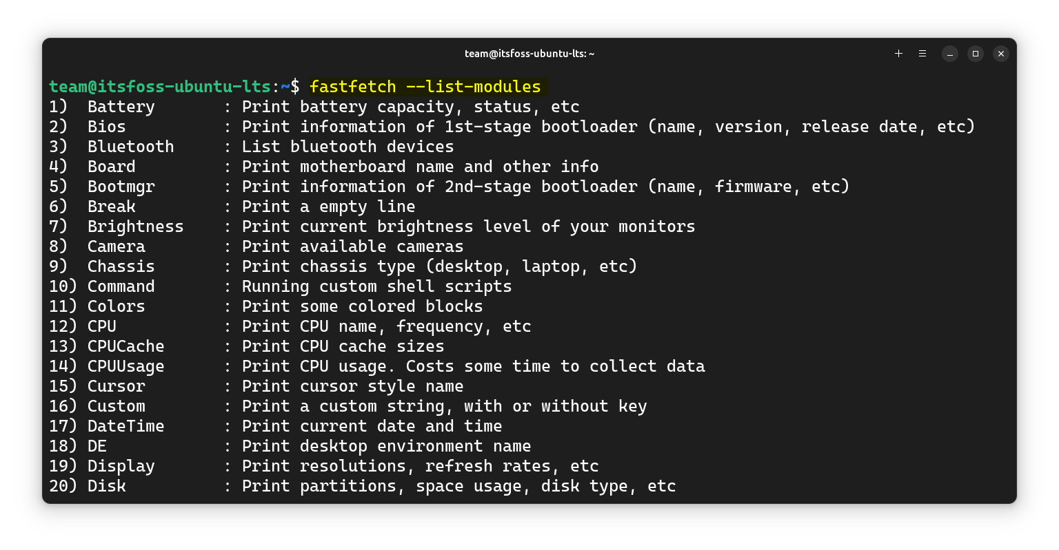 List of all the available modules in Fastfetch