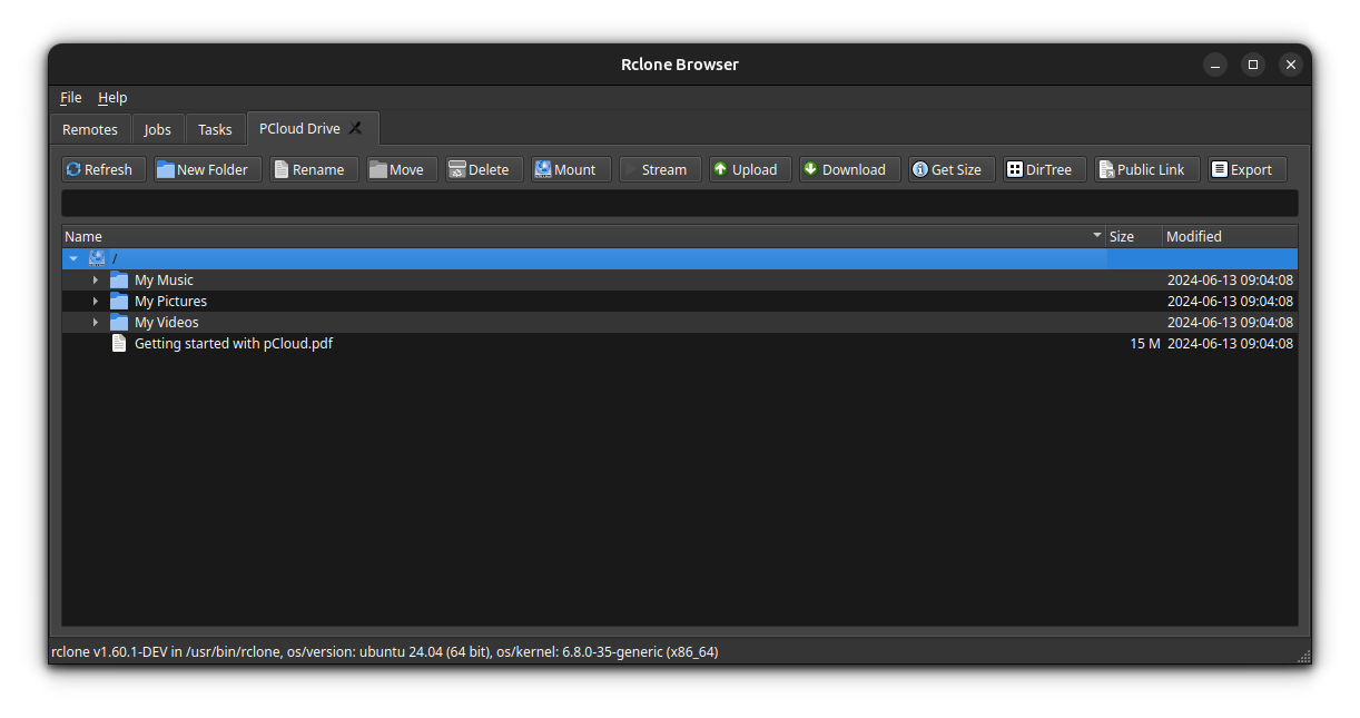 pCloud Drive files shown in Rclone Browser.