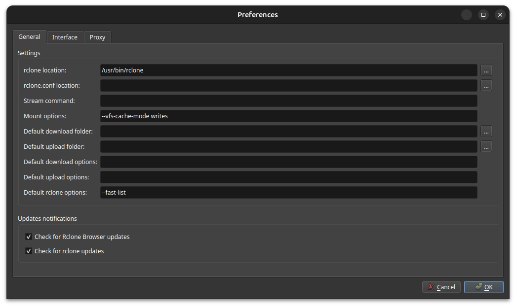 Rclone browser preferences window.