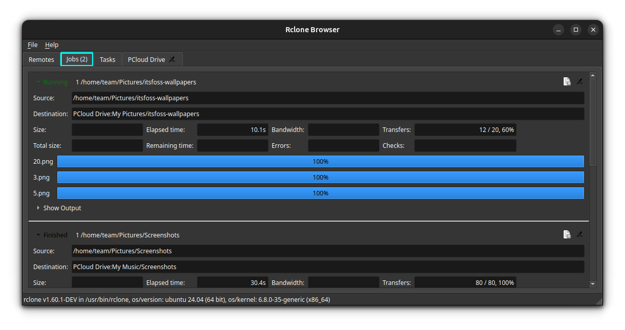 Running a task in Rclone Browser