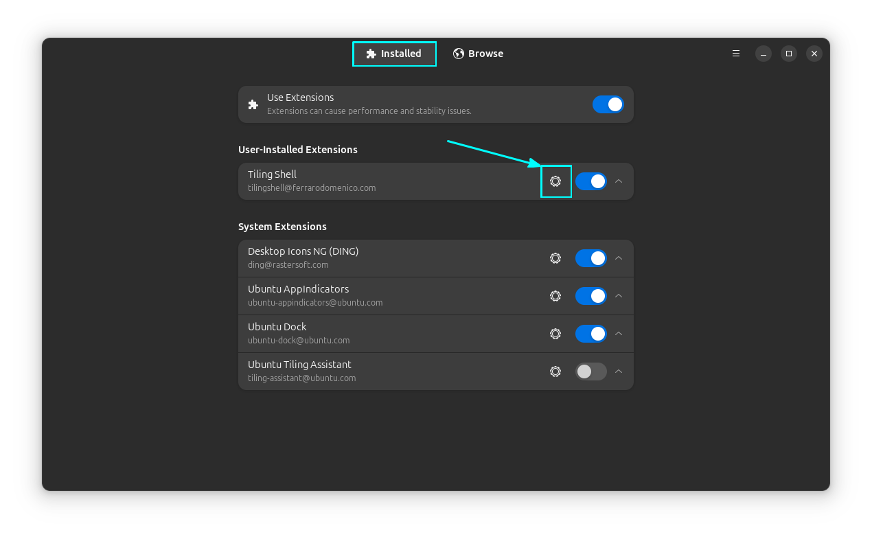 Select the Tiling Shell extension settings in Extension Manager App