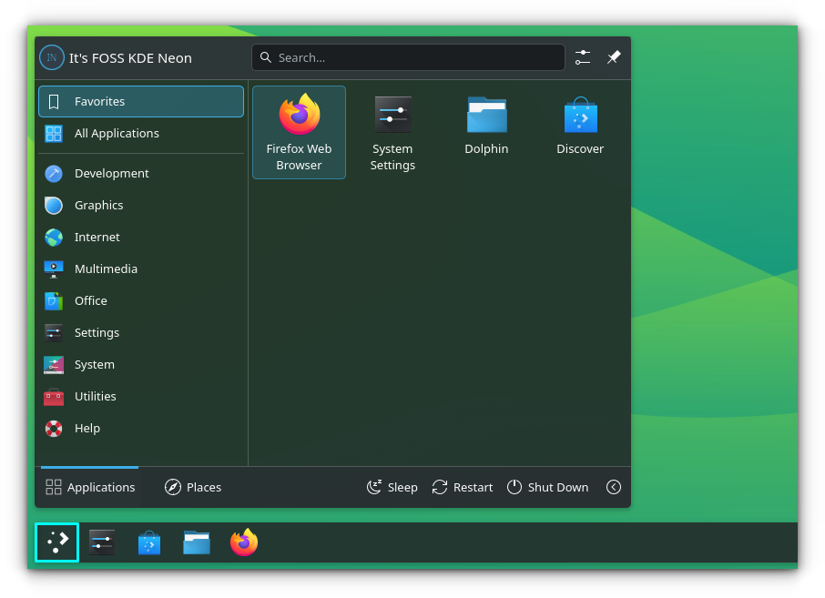 KDE Plasma default Application Launcher, with Favorites tab highlighted.