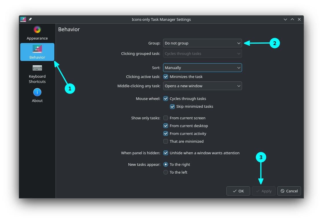 Task Manager Behavior Settings in Configuration page