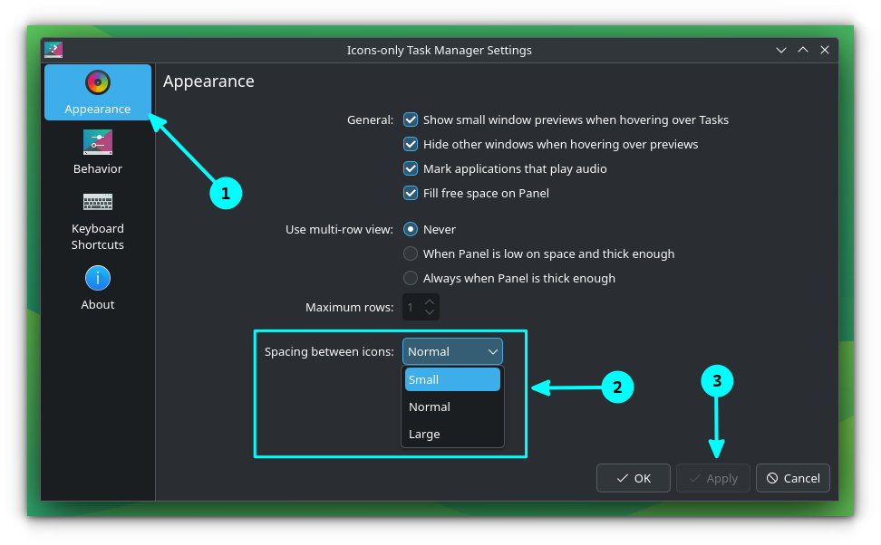 Task Manager Appearance settings in its configuration window.