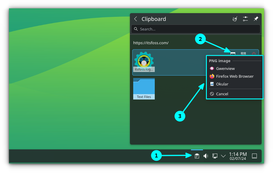 Klipboard, the KDE Plasma Clipboard Manager. It can open the items based on their MIME types.