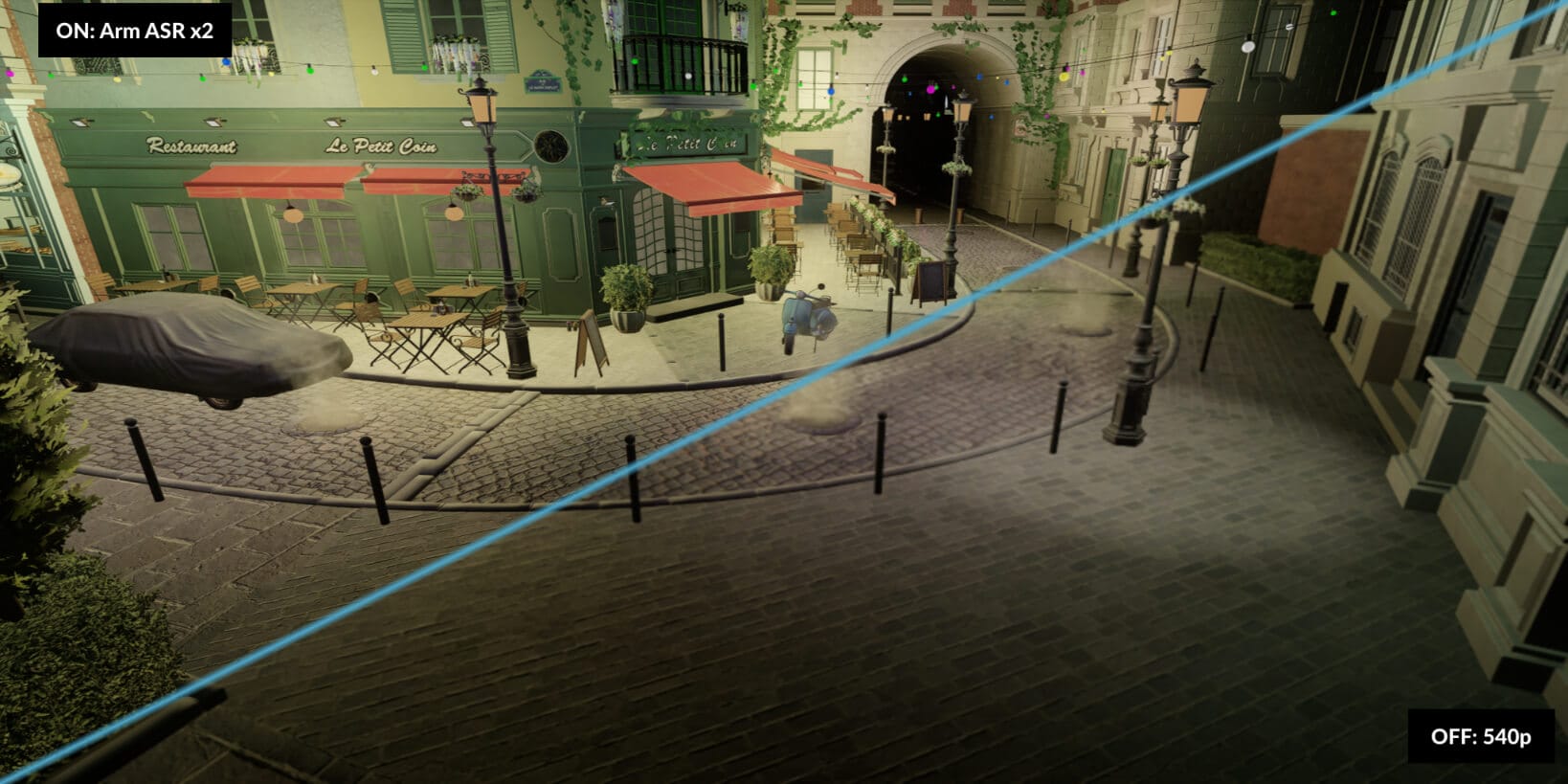a screenshot of arm asr in action with the nvidia bistro scene running