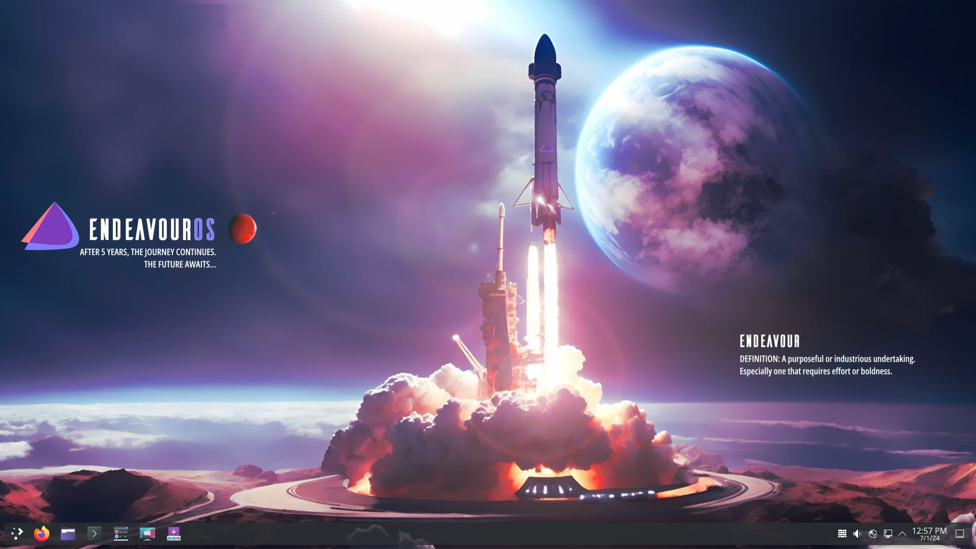 a screenshot of the endeavour os endeavour release desktop view with the new wallpaper