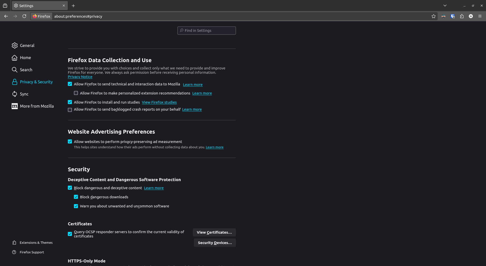 a screenshot of firefox 128 privacy preserving ad measurement option