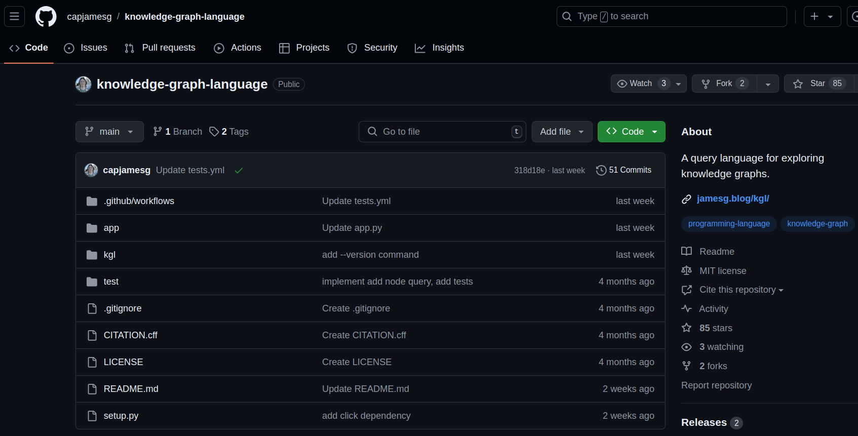 a screenshot of the knowledge graph language github repository