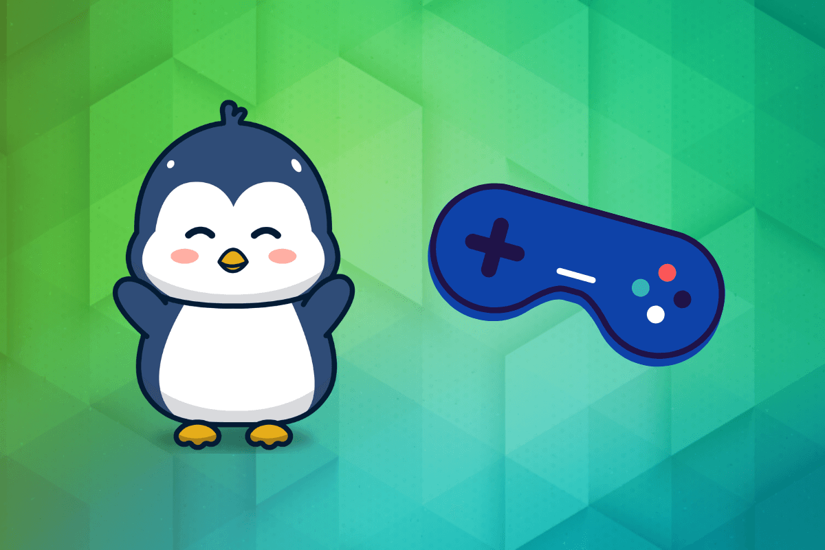 an illustration with a penguin and gamepad with a blue green background having a prism pattern