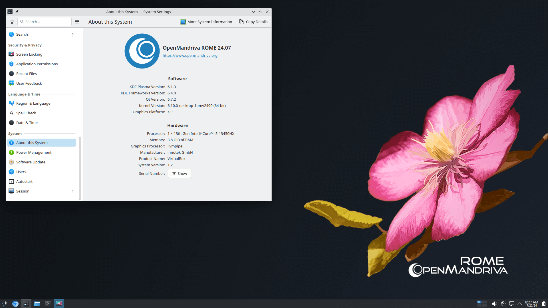 a screenshot of openmandriva 24.07 desktop view with about system info