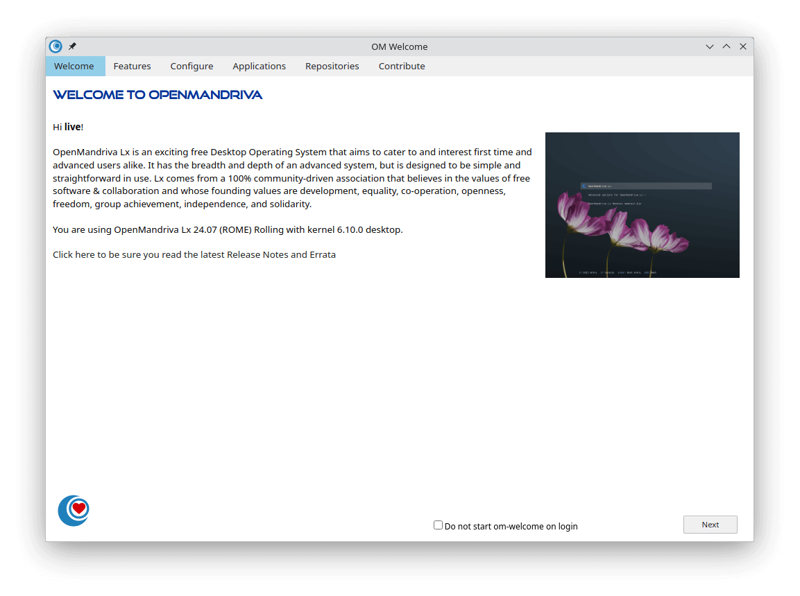 a screenshot of openmandriva 24.07 om welcome app