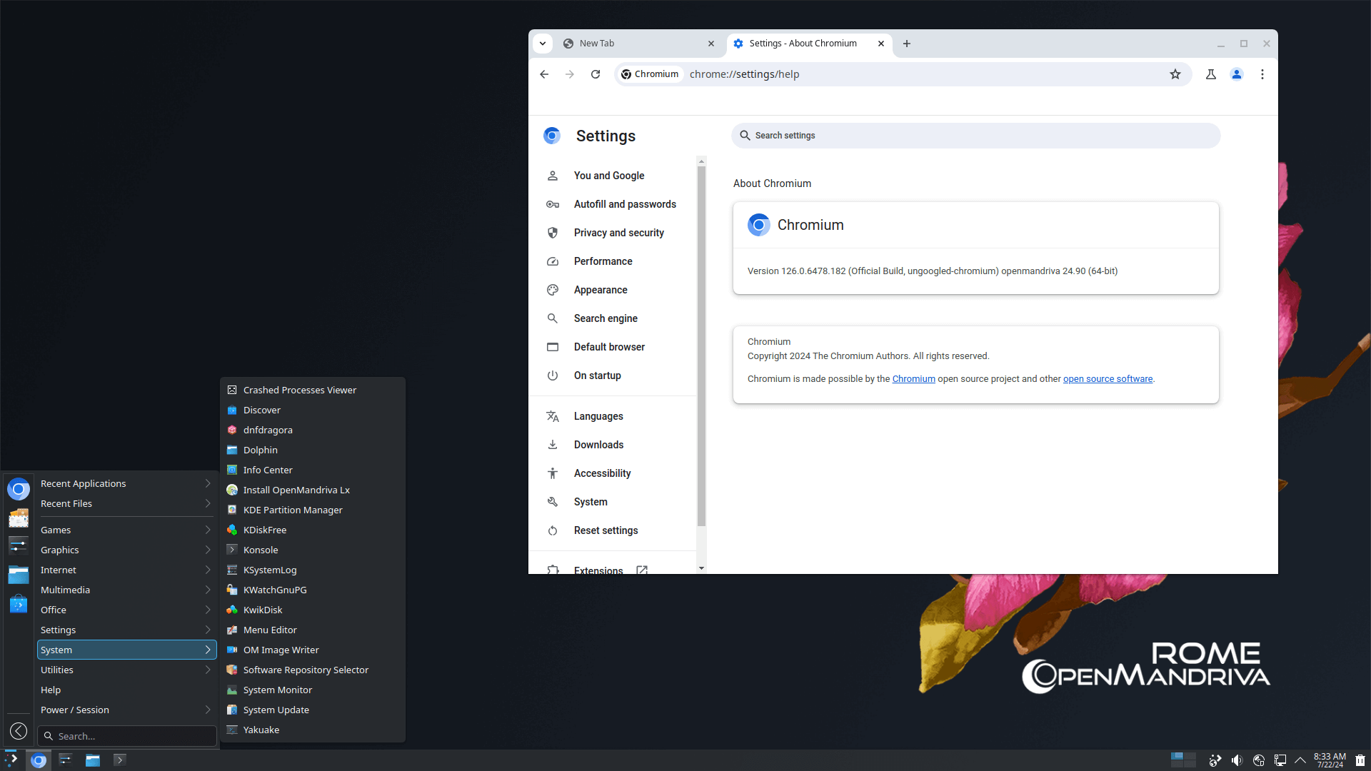 a screenshot of openmandriva 24.07 running degoogled chromium and the application launcher