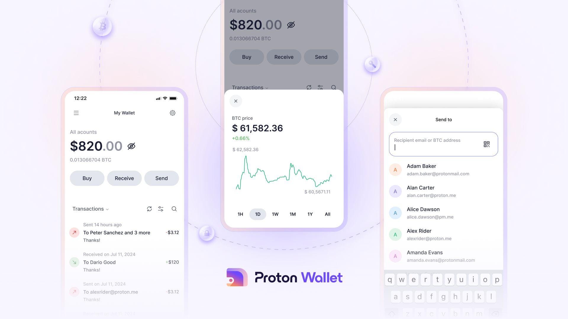 an illustration showing off multiple screenshots of proton wallet