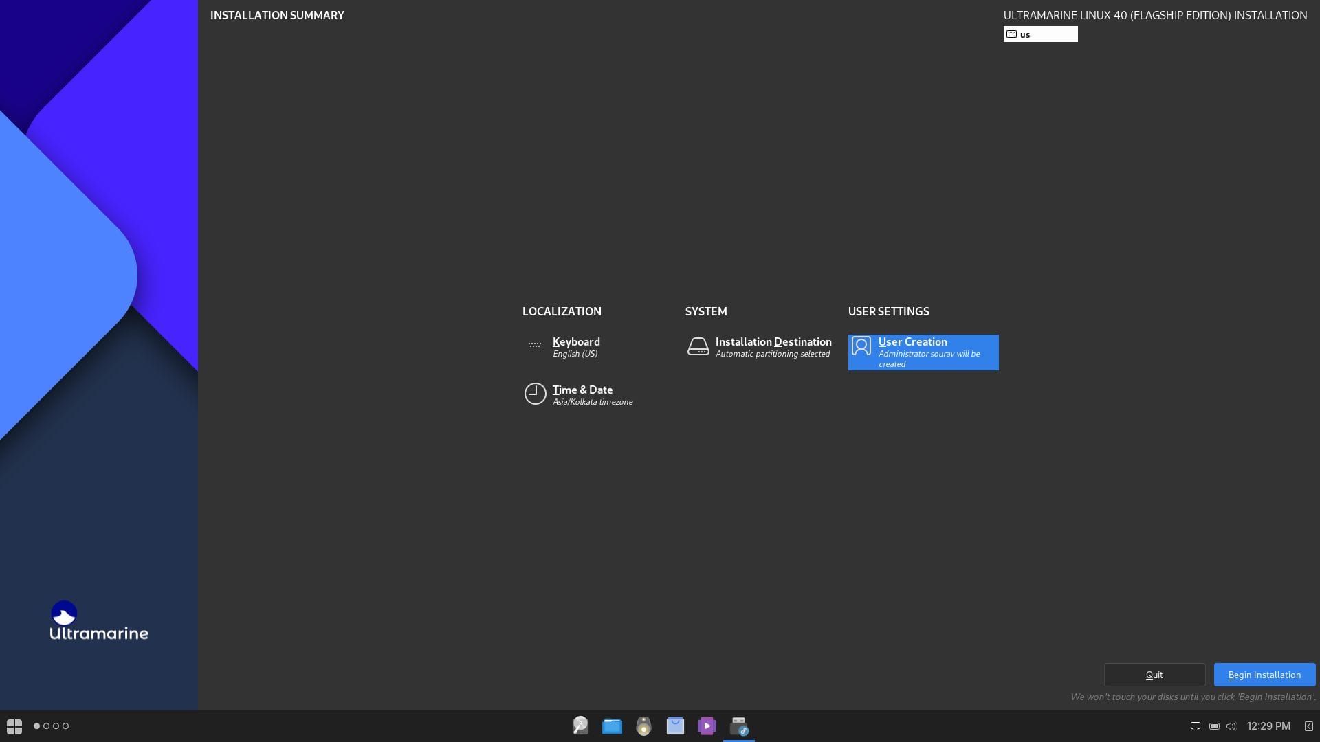 a screenshot of ultramarine linux installer