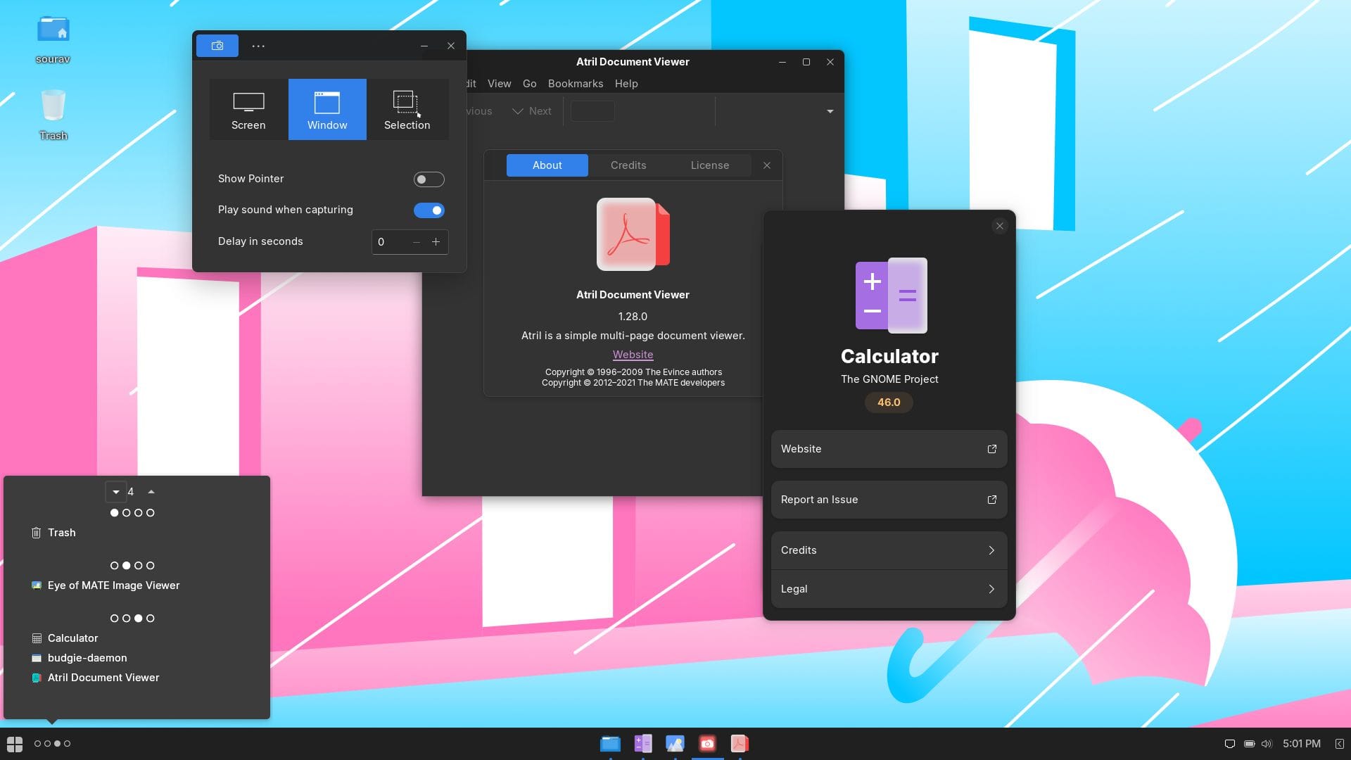 a screenshot of ultramarine linux with many apps and the workspace switcher open