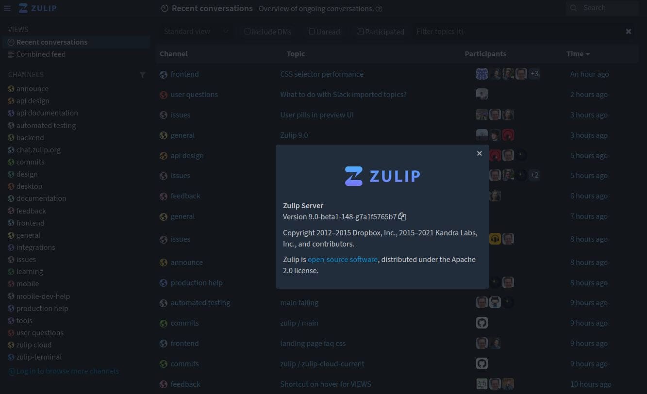 a screenshot of a zulip 9.0 equipped server