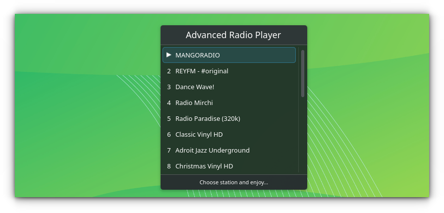 Advanced Radio Player opened with a list of default stations