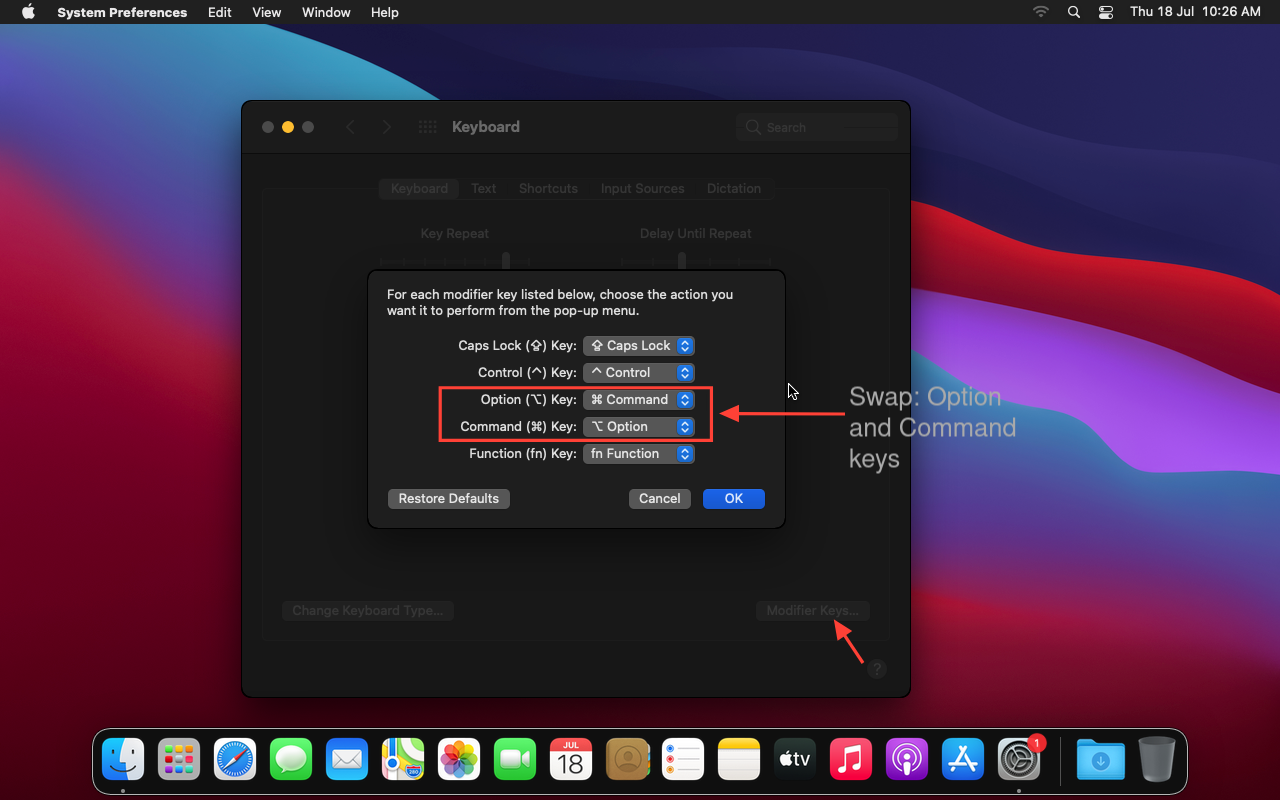 Swap Option and Command Keys to emulate macOS keybindings