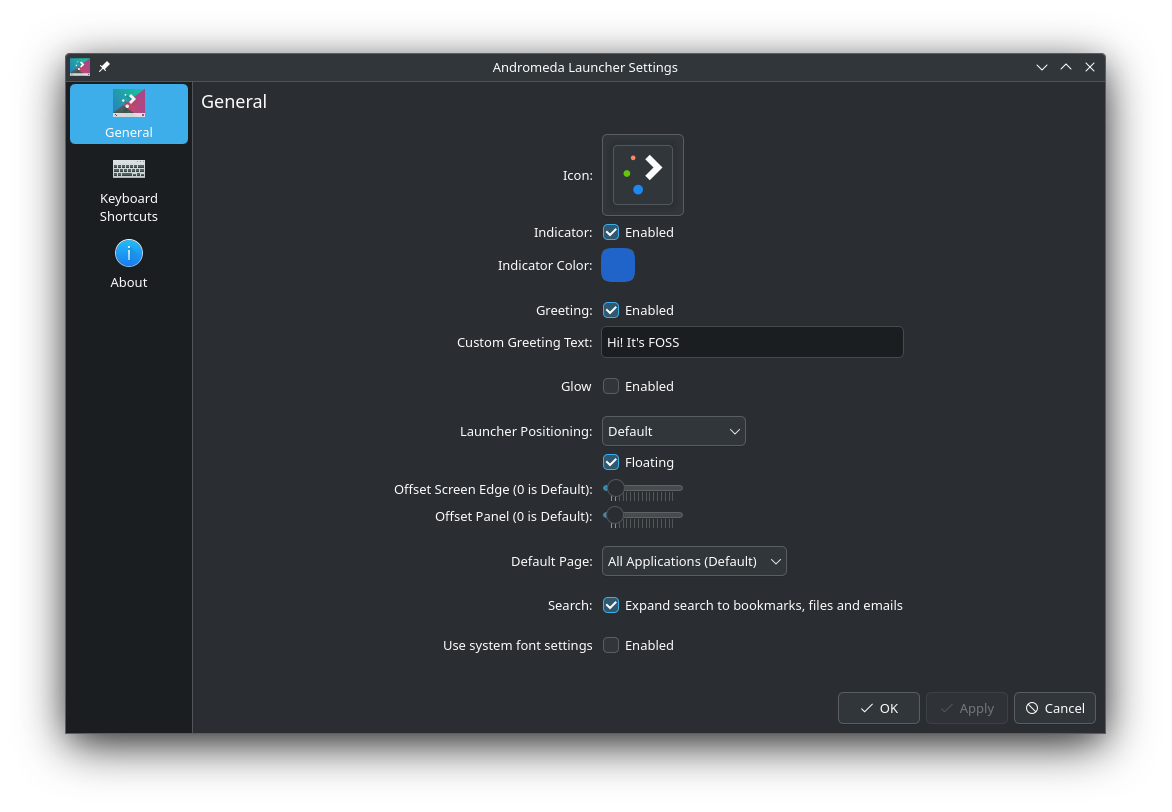 The configuration window of Andromeda Launcher