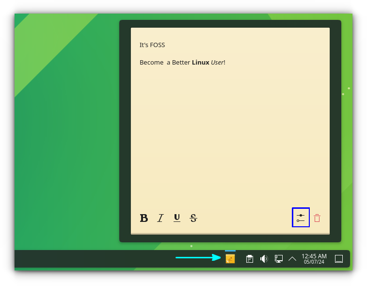 Sticky Note is opened by clicking on the button, placed in Plasma panel.