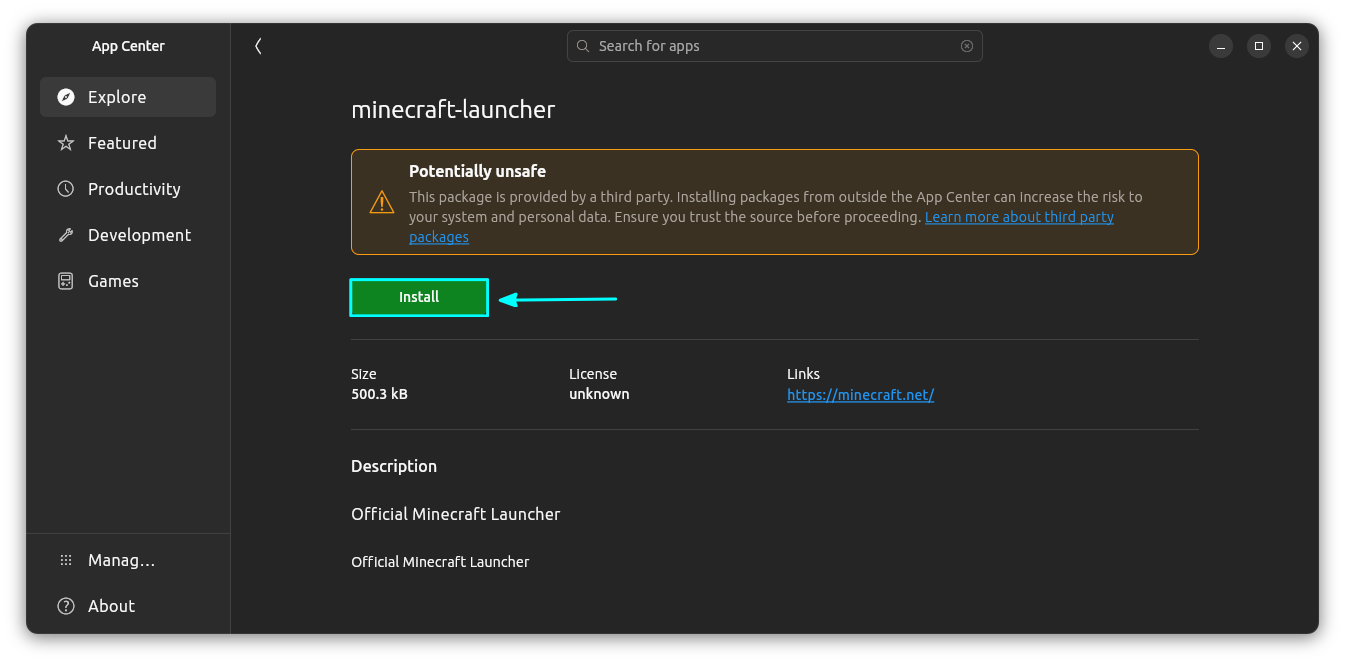 On the Ubuntu App Center, click on the Install button to install the Minecraft DEB file