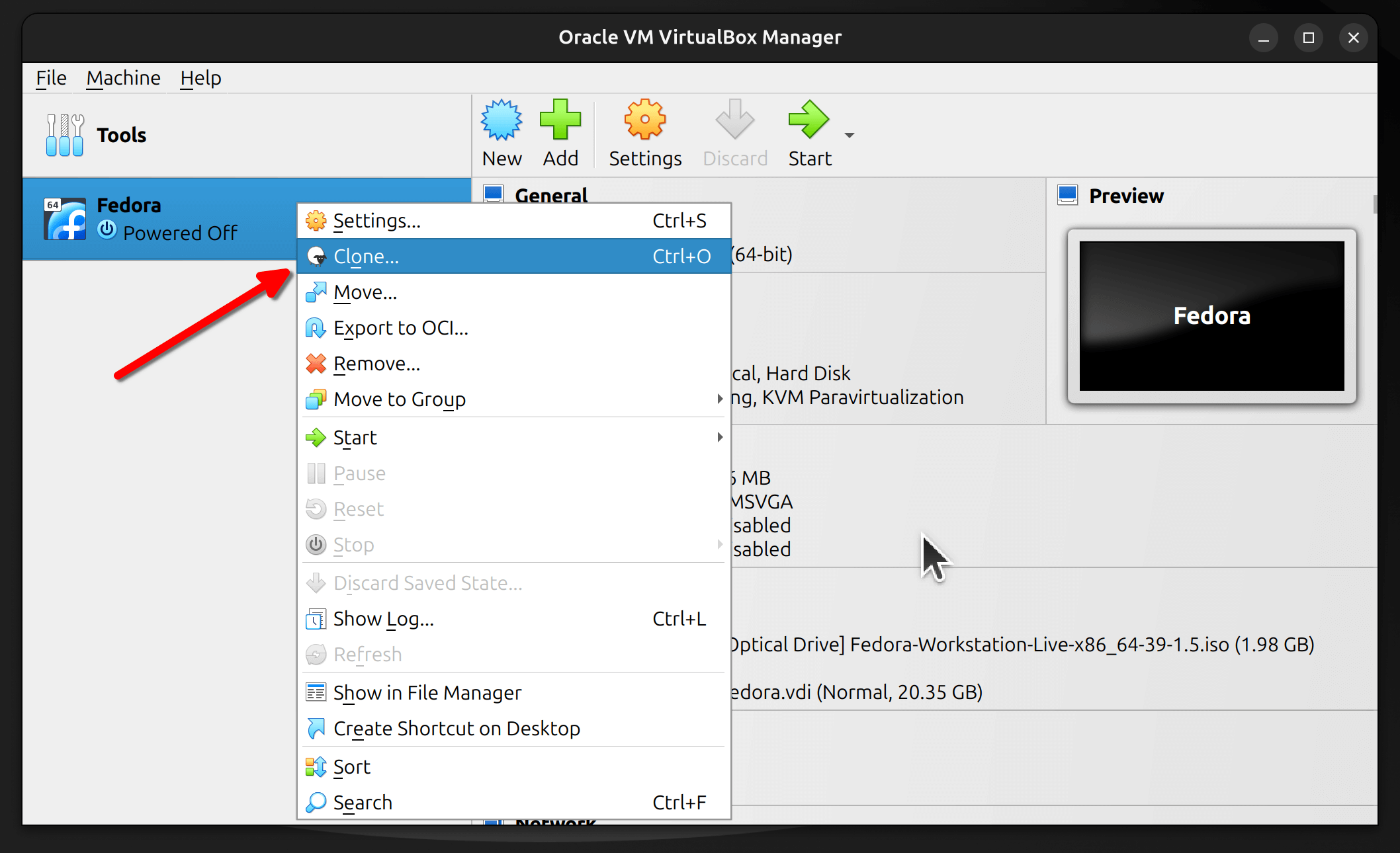 clone option in virtualbox