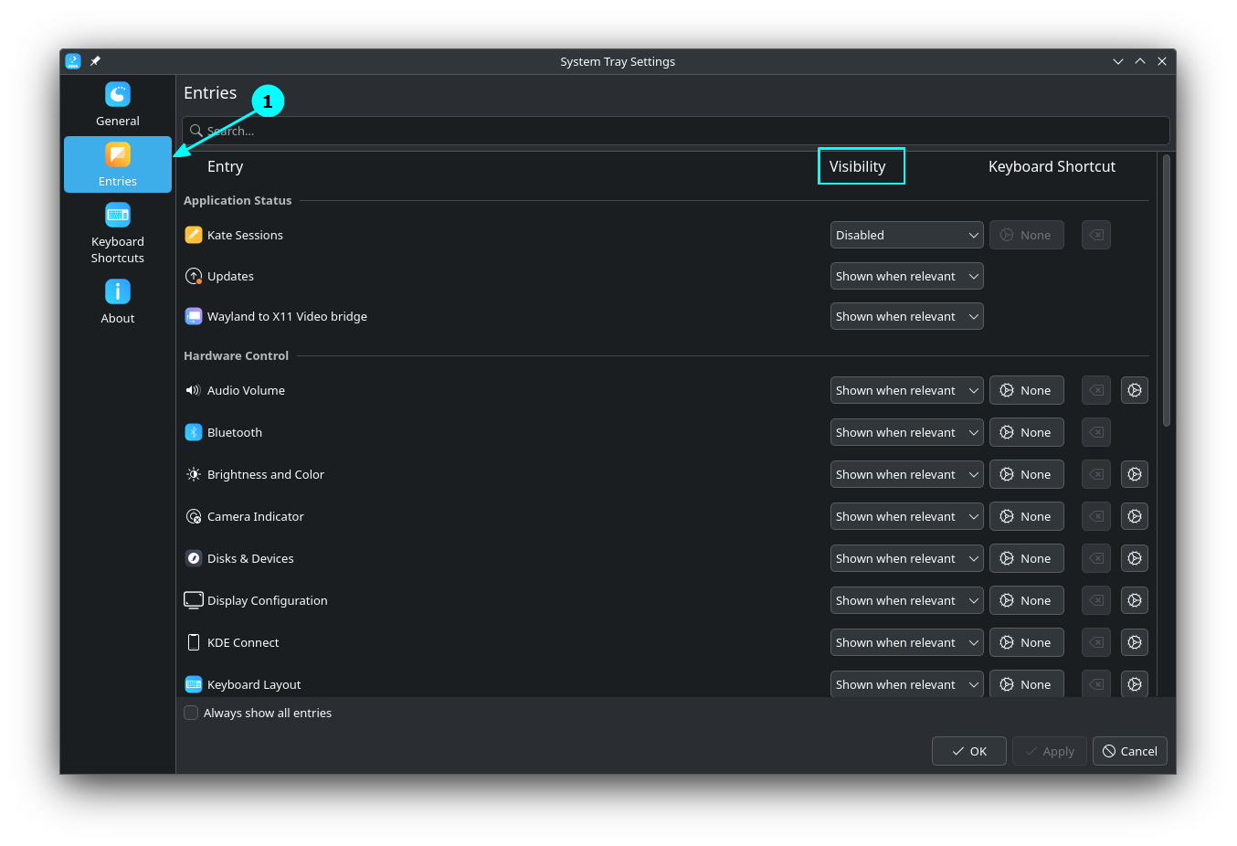 Change the visibility status of system tray icons.