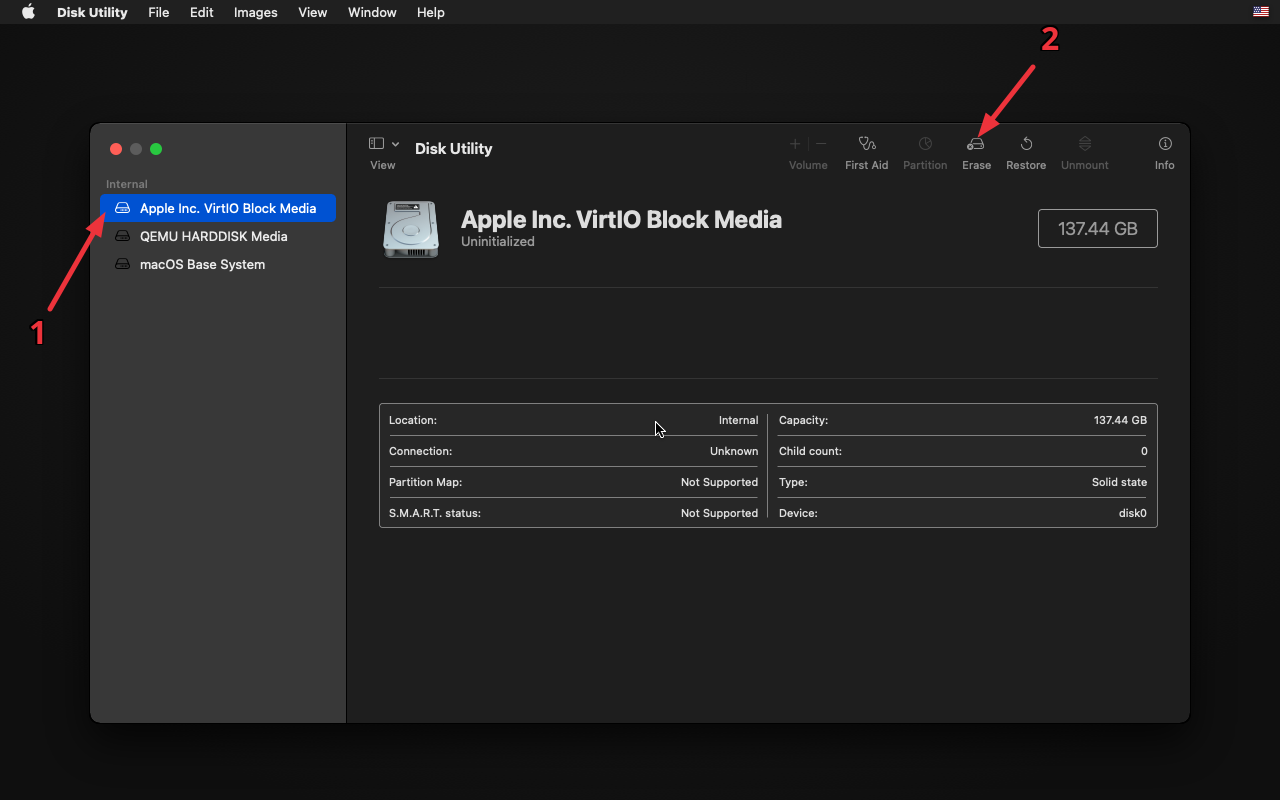 Erasing the virtual hard disk in disk utlity