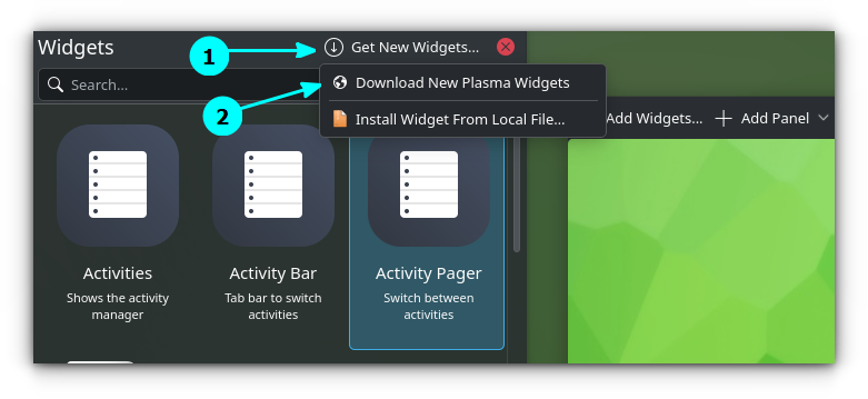 Click on "Download New Plasma Widgets" button inside "Get New Widgets" button. 