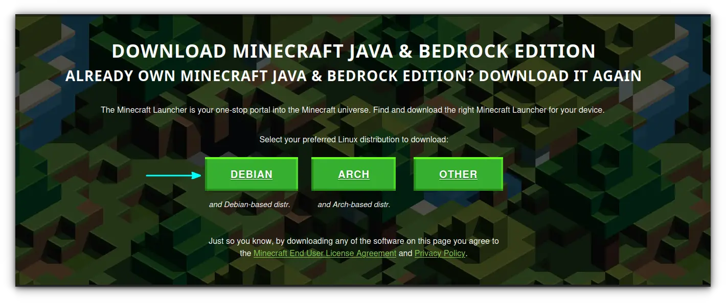 Download the Debian installation files from Minecraft official website