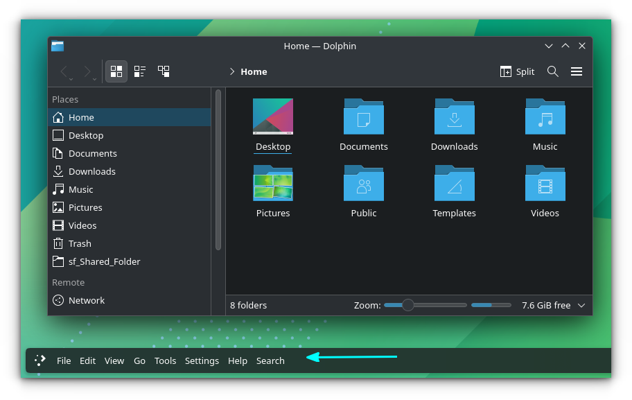 Global Menu in KDE Plasma Panel. It shows the Menu bar for the currently active item, which is Dolphin file manager. 