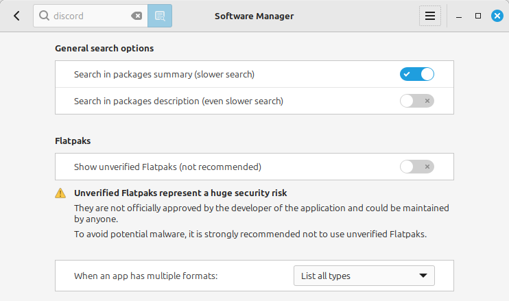 unverified flatpak toggle linux mint 22