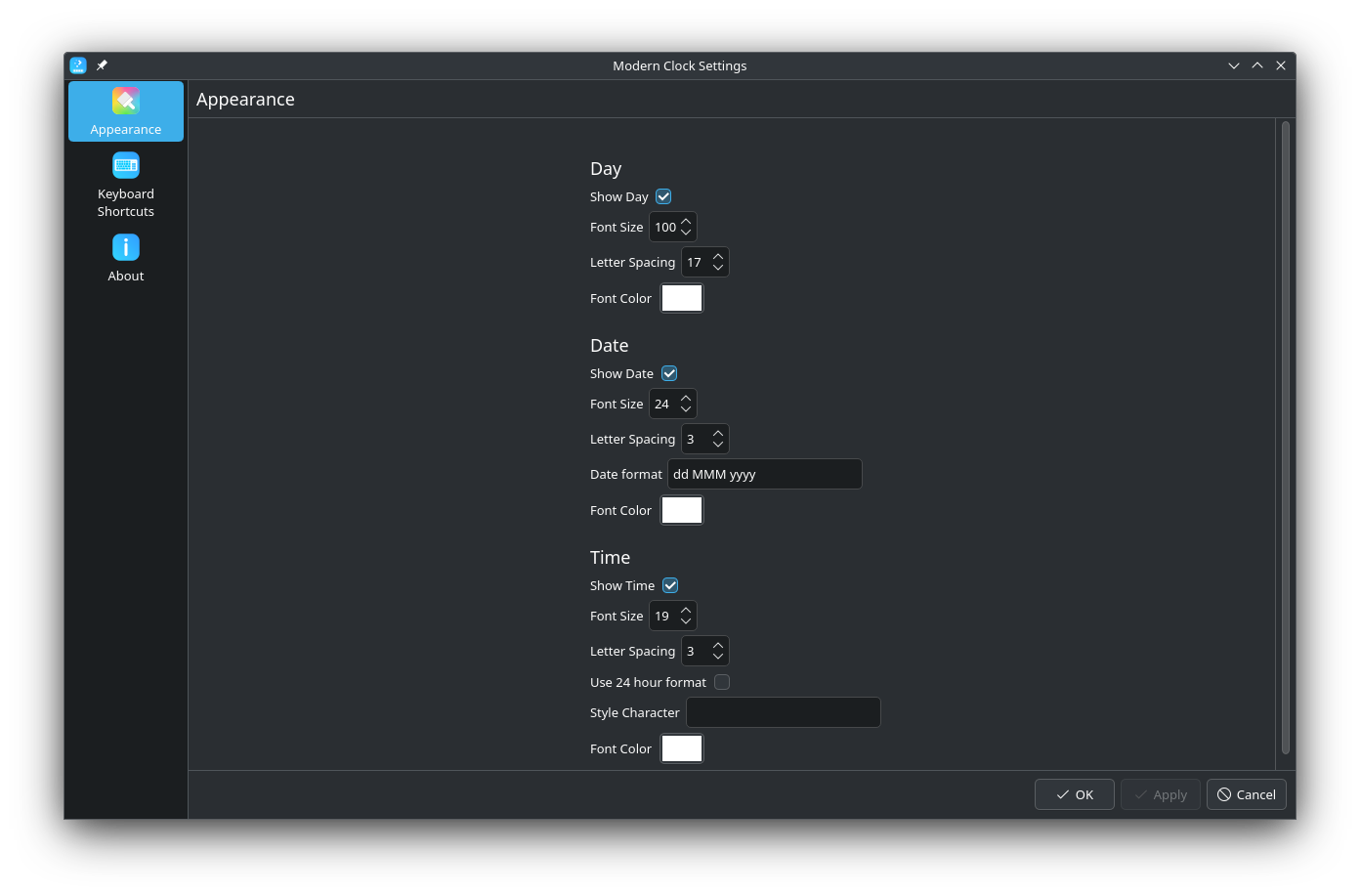 Moder Clock Widget Settings/Configuration page.