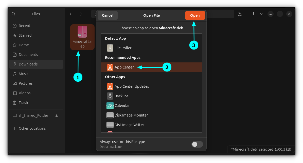 Open the Minecraft DEB file in App Center