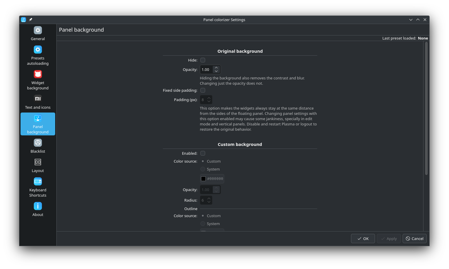 Panel colorizer configurations page, where there are several tabs for different areas that you can customize