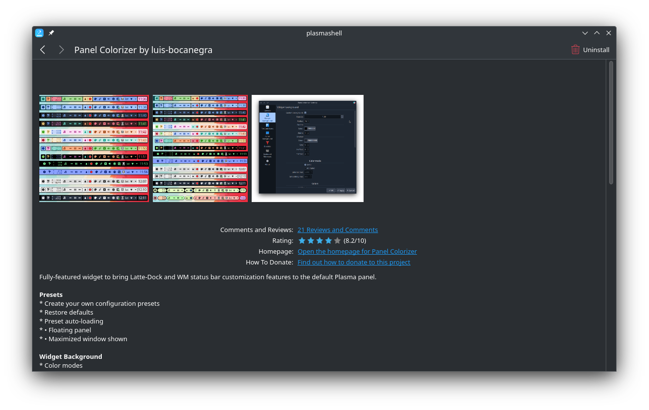 Panel colorizer in KDE Plasma Widgets store