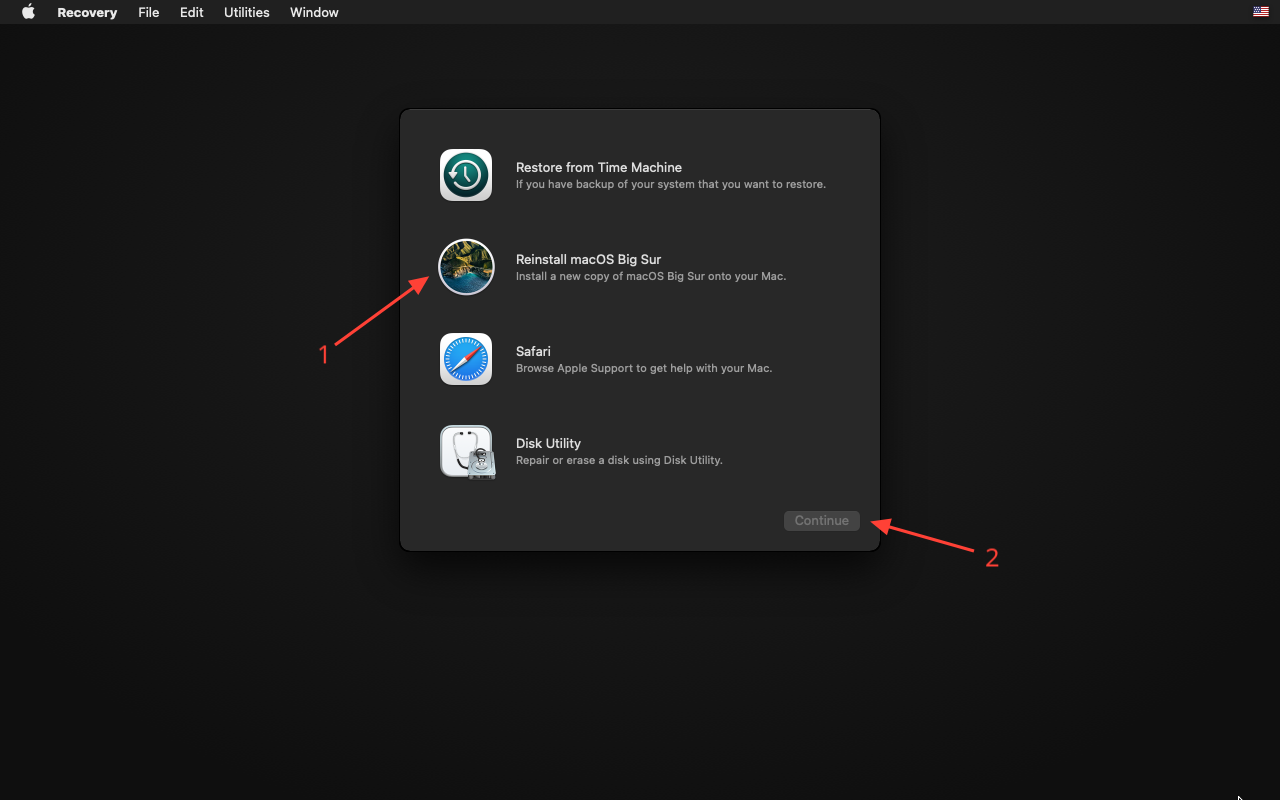 Select "Reinstall macOS Big Sur" from recovery screen
