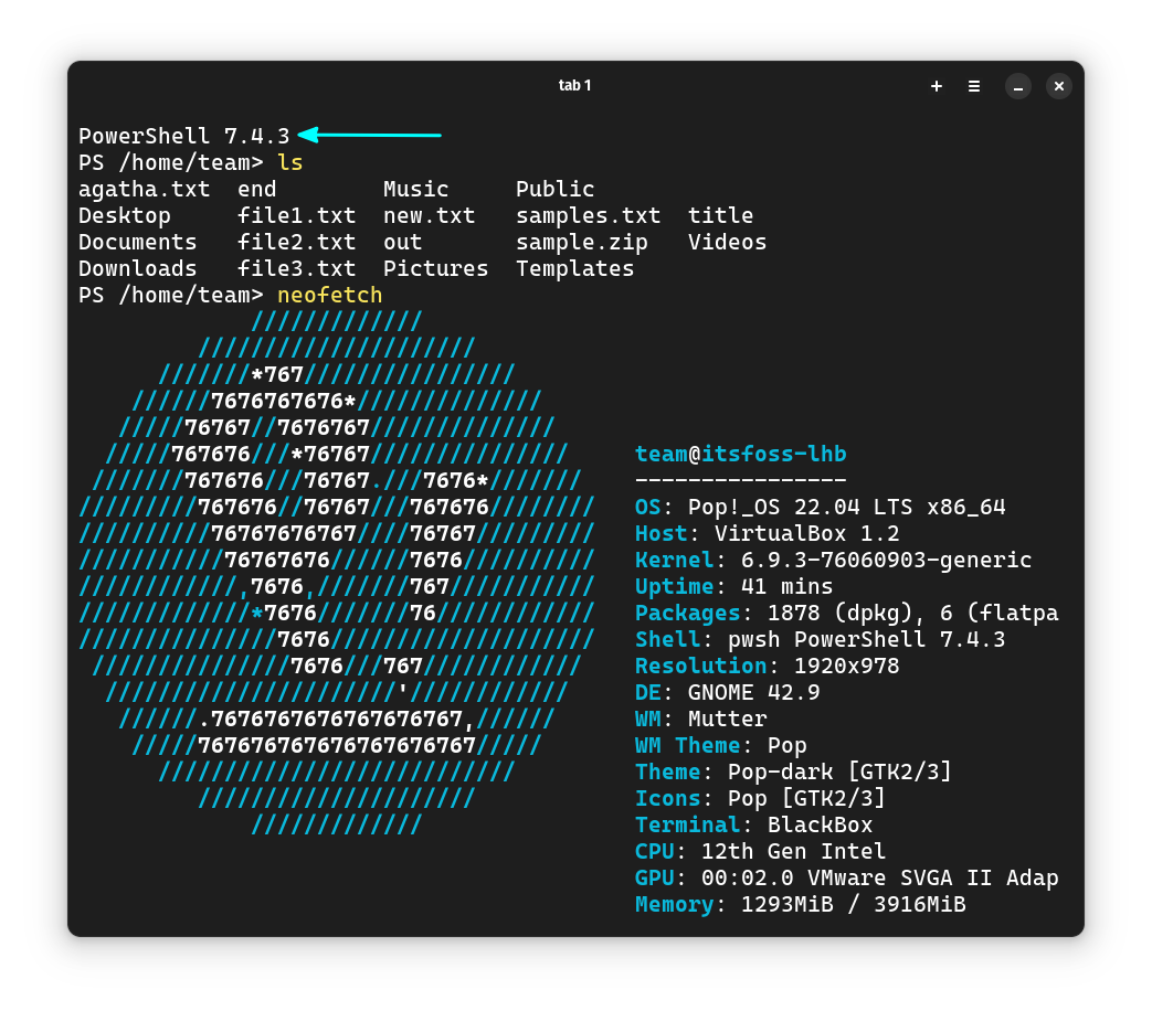 Running Microsoft PowerShell in Linux. Neofetch program is executed to show system details.