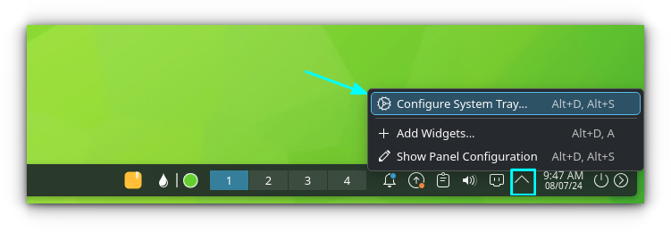 Right-click on the up-arrow adjacent to system tray and select "Configure System Tray" option. 