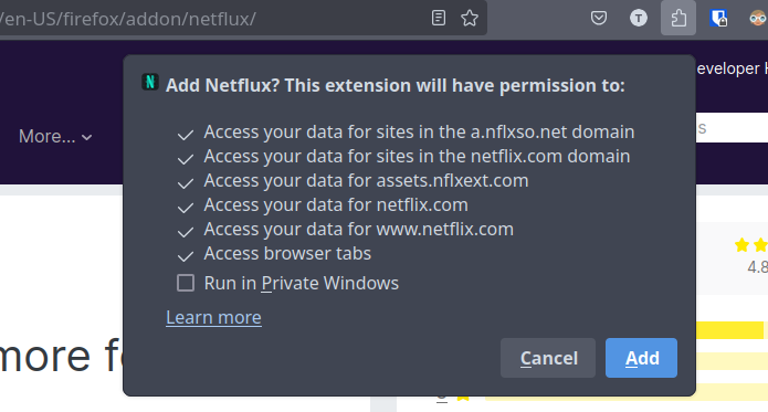 adding netflux firefox extension