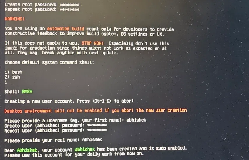 Setting up user in Armbian