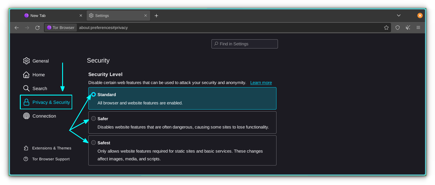 Different Safety levels in Tor Browser settings page.