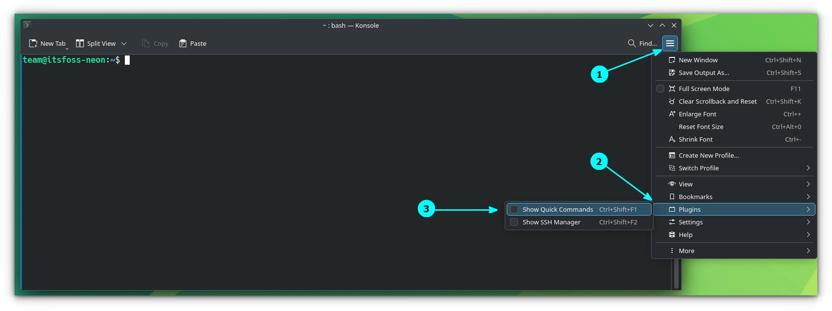 Enable Quick commands in Konsole from Main Menu > Plugins > Show Quick Commands