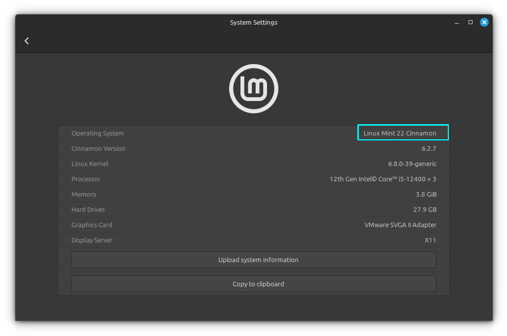 Linux Mint 22 details in System Settings