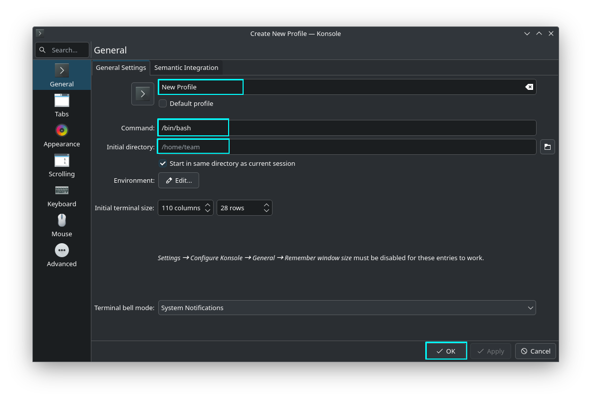 On the new profiles creation page, fill out imporatant fields and press OK to create a simple new profile.