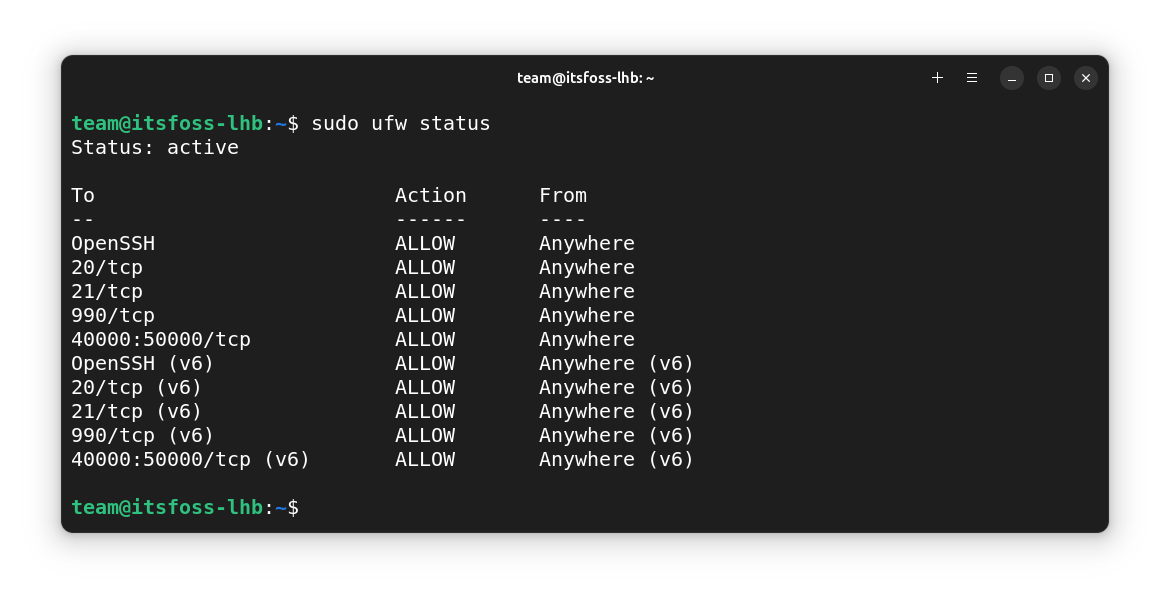 The required ports are allowed to pass through UFW Firewall