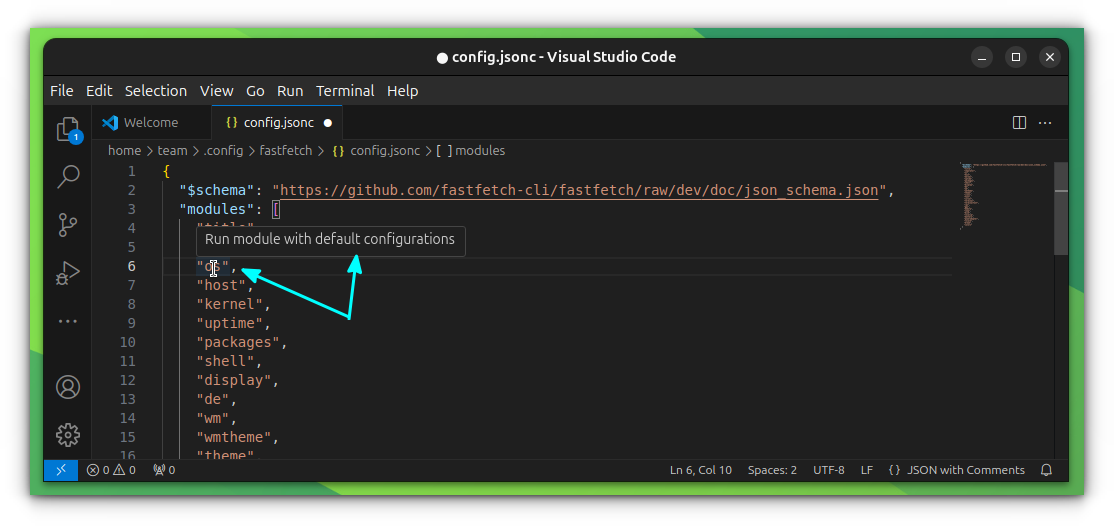 Run a module with default config message is shown in VS Code editing of Fastfetch config file.