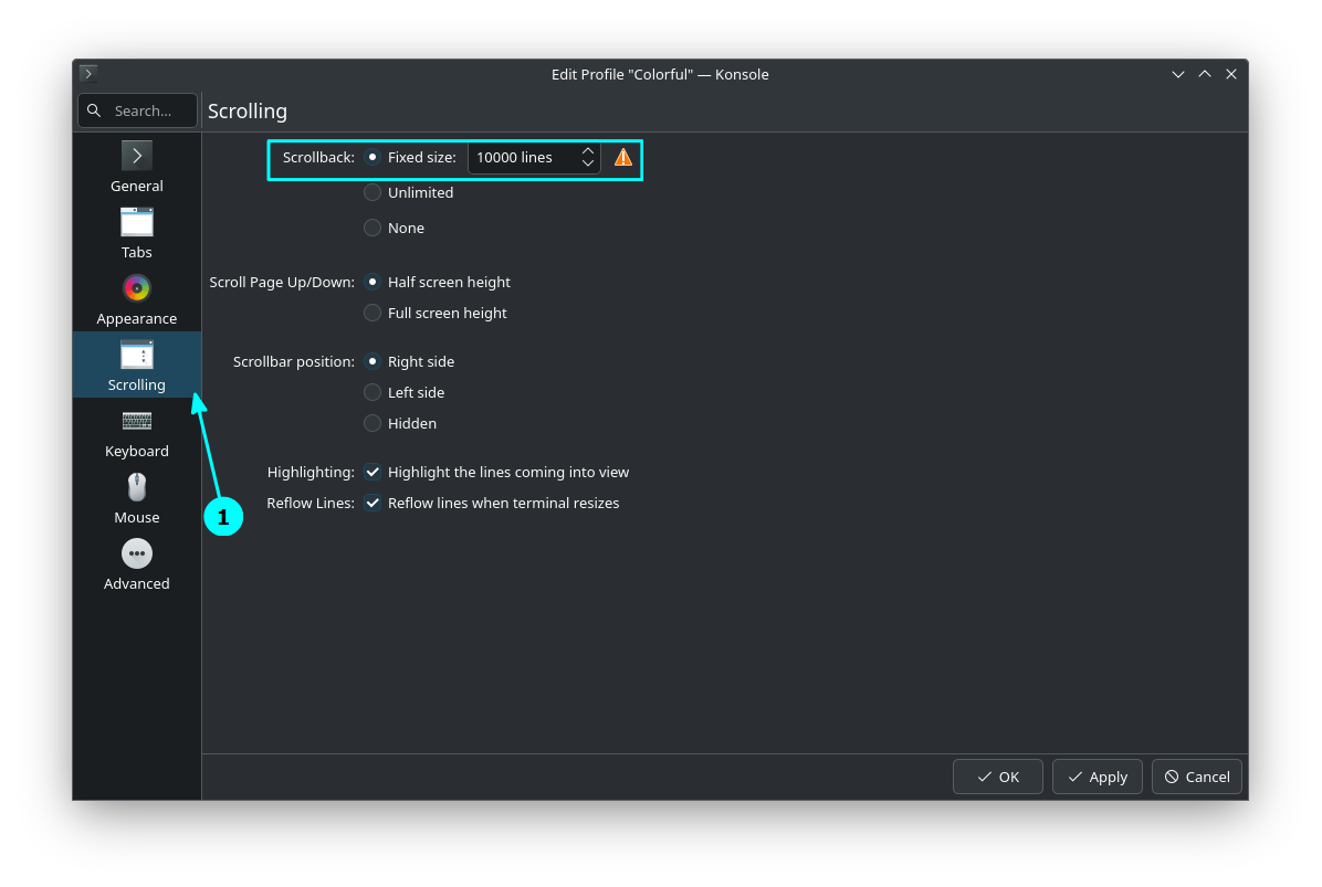 Scrolling settings in KDE Plasma Konsole