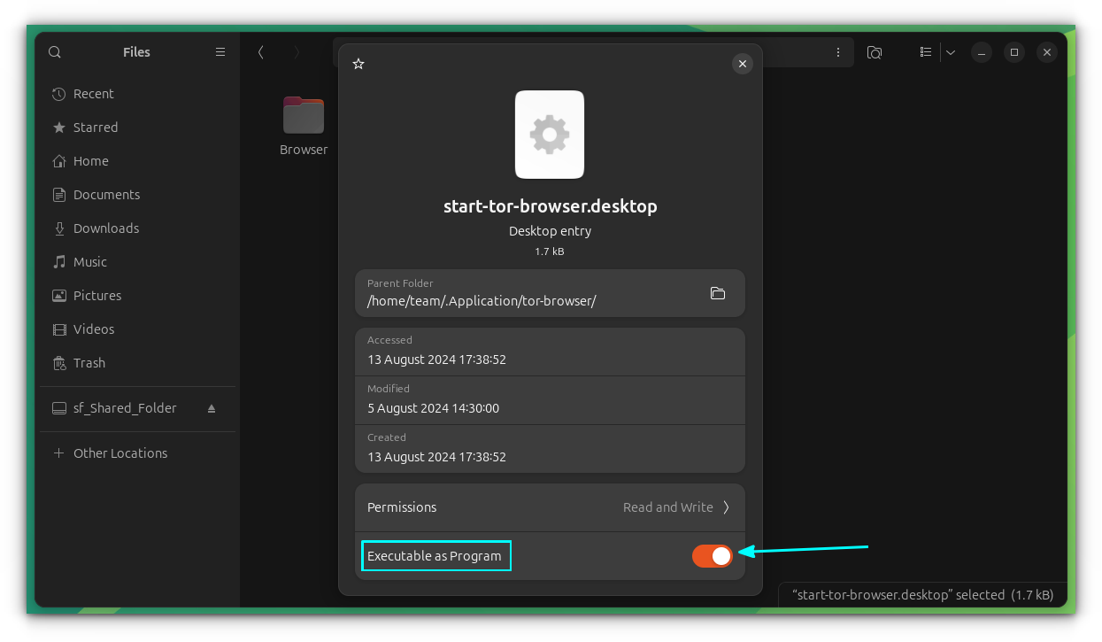 Make the Tor Browser desktop file executable using the Nautilus file manager.